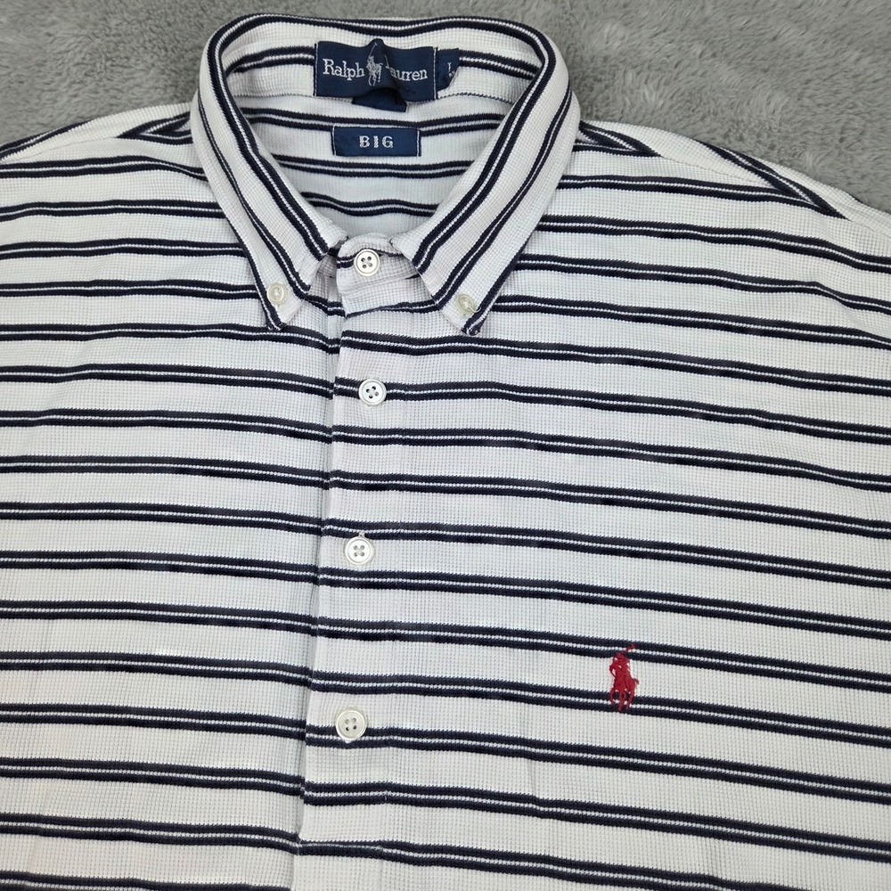 Ralph Lauren Polo Shirt Mens L Big Waffle Knit Striped Button Down White Navy